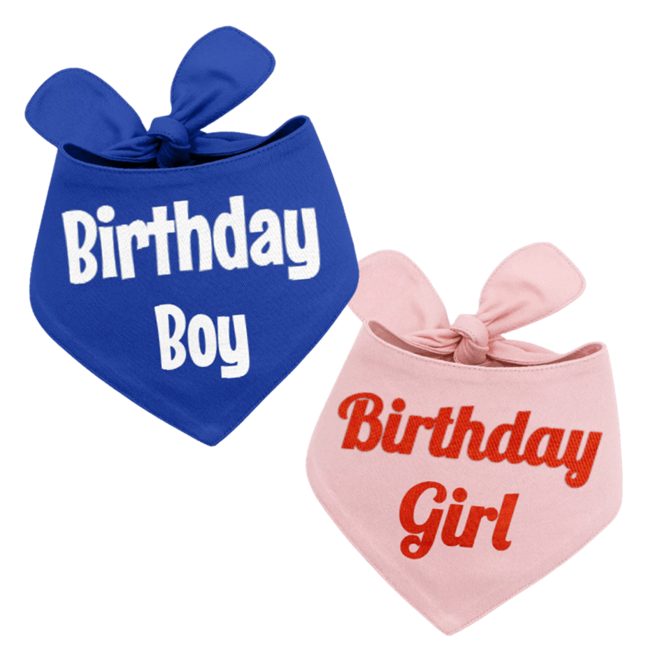 Embroidered blue bandana with 'Birthday Boy' text and embroidered pink bandana with 'Birthday Girl' text, designed for dog celebrations. Visit dogtags.co.uk for personalised dog accessories.